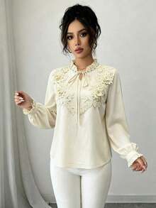 Blusa de mujer de color albaricoque con adorno de encaje, de moda y casual - Albaricoque - Ver 4