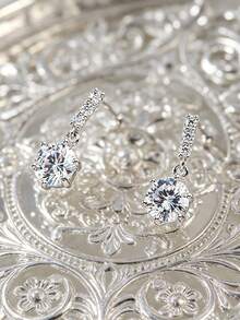 1 Pair Fashion Minimalist Full Rhinestone Pave Stud Earrings, Niche Premium Sparkling Zirconia Ear Studs Earrings Jewelry For Women - Silver - View 7