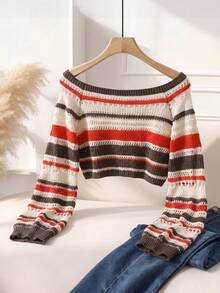 Contrast Stripe Off Shoulder Cropped Knit Top - Multicolor - View 3