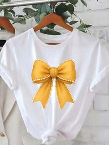 Camiseta Casual de Mujer con Estampado, Cuello Redondo y Manga Corta - Elegante Camiseta Amarillo Mostaza con Lazo Decorado con Perlas y Rayas - Suave, Transpirable, Ligera, de Manga Corta y Cuello Redondo, Opaca y Lavable a Máquina, Adecuada para Oficina, Fiestas, Invitadas de Boda - Neutral y Agradable para Uso Casual y Formal 2026 - Esencial para un Verano Cálido y Casual Chic - Camiseta Unisex de Algodón Holgada de Manga Corta y Cuello Redondo Estilo Vintage Urbano 100% algodón - Blanco - Ver 6