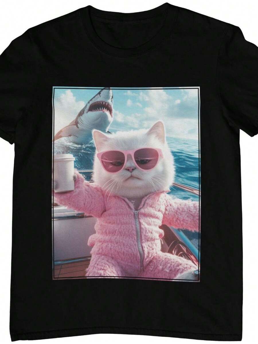 Lustiges Katzen T Shirt Coole Katze mit s1onnenbrille Kaffee auf Yacht und Hai Festival Rave Party Sauf Fun Shirt Skurril Surreal Tiere.Camiseta de algodón puro uniS1ex de 220 g de peso ideal para todas las estaciones, adecuada tanto para hombres como para mujeres. Tejido duradero de alta calidad, suave al tacto y duradero. Camiseta transpirable, adecuada para ropa de otoño y vacaciones de mujer. - Negro - Ver 1