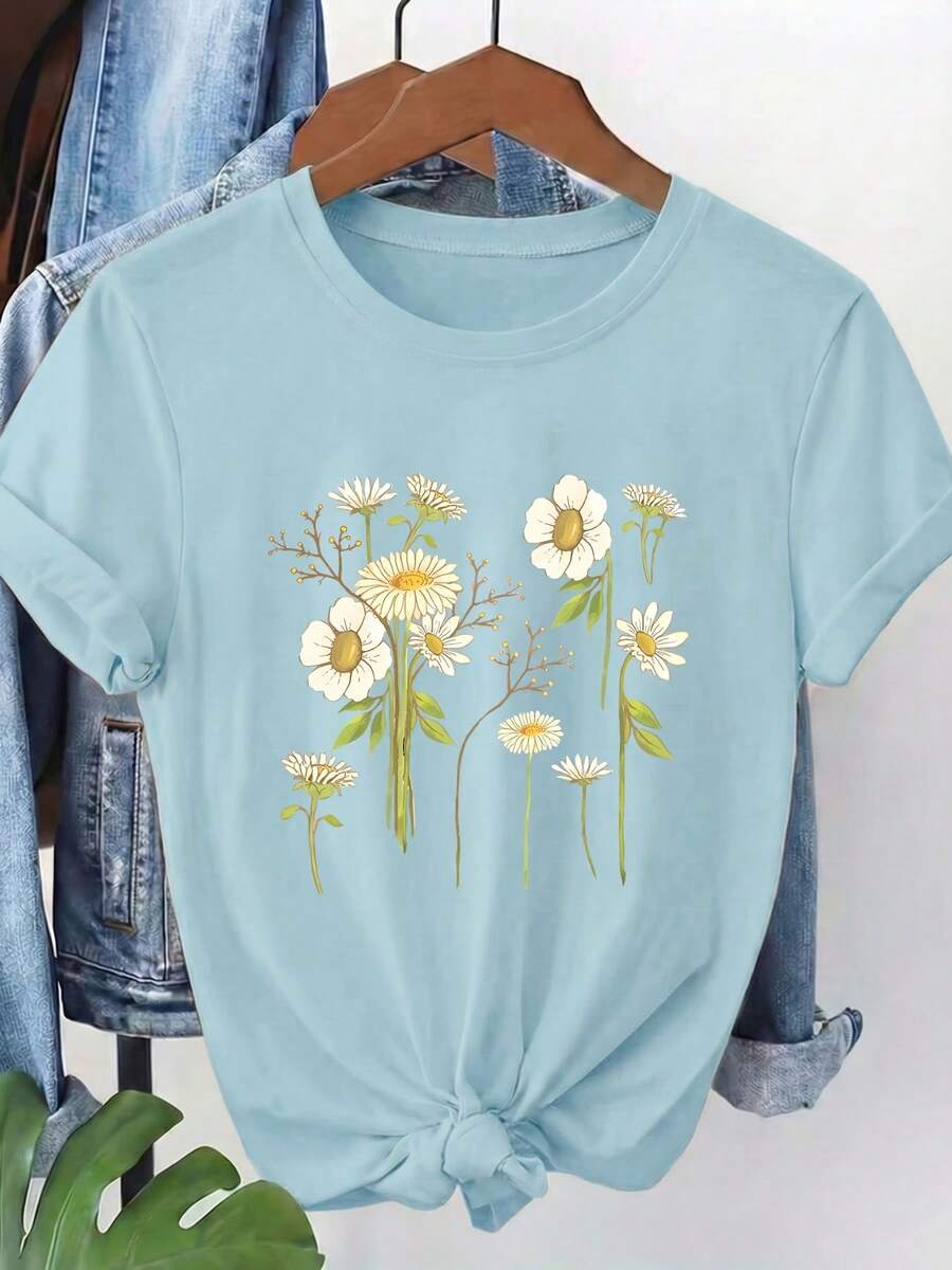 Camiseta de mujer, de manga corta y cuello redondo, con estampado floral de margaritas blancas y hojas verdes, lavable a máquina, adecuada para uso casual, ropa versátil, camiseta moderna y a la moda, material cómodo, para entusiastas de la moda. L4F1 - Azul cielo - Ver 1