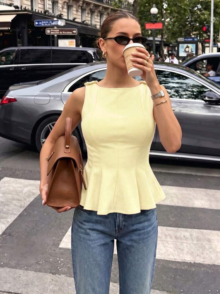 Áo tank top nữ Vuslat mùa hè thời trang, năng động, đa năng, làm thủ công, đính nơ, màu hồng trơn, không tay, phù hợp mặc hàng ngày, đi làm, đi biển, dạo vườn, uống trà chiều, tiệc Phục Sinh, tụ họp, hẹn hò, đi học. - Màu vàng - Xem 4