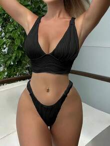 Nuevo y sexy traje de baño de dos piezas con tiras cruzadas - Negro - Ver 8