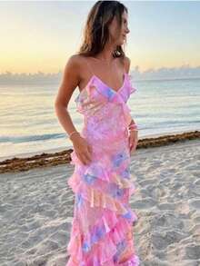 Vestido de tirantes con borde ondulado moda  corte ajustado elegante para mujer - Rojo - Ver 3