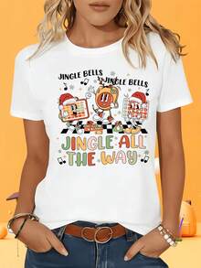 Camiseta Vintage Blanca de Manga Corta para Mujer, Camiseta Navideña con Estampado de Campanillas y Personajes Divertidos de Dibujos Animados, Diseño Festivo para Mujer, Regalo para Fiestas al Aire Libre y Ocasiones de Ocio, Camiseta Gráfica - Blanco - Ver 1