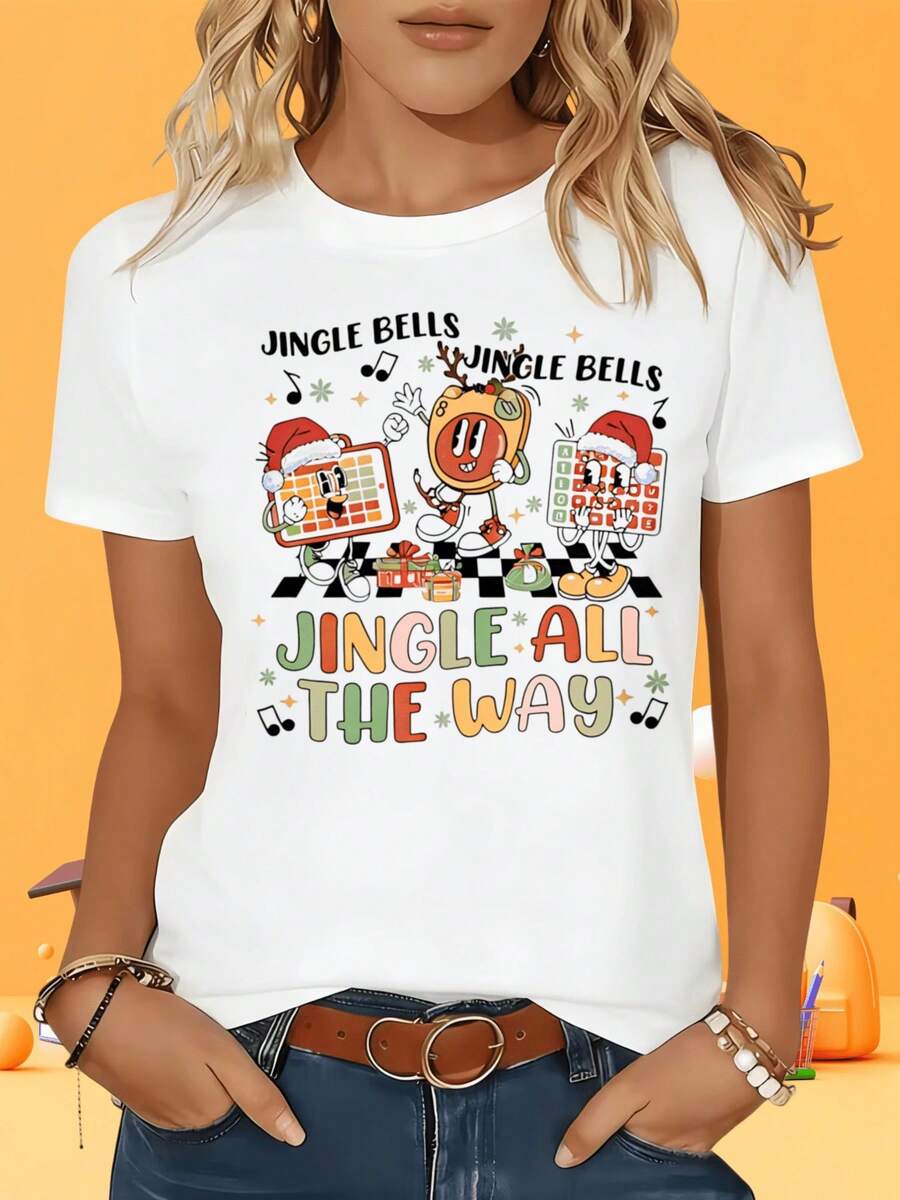 Camiseta Vintage Blanca de Manga Corta para Mujer, Camiseta Navideña con Estampado de Campanillas y Personajes Divertidos de Dibujos Animados, Diseño Festivo para Mujer, Regalo para Fiestas al Aire Libre y Ocasiones de Ocio, Camiseta Gráfica - Blanco - Ver 1