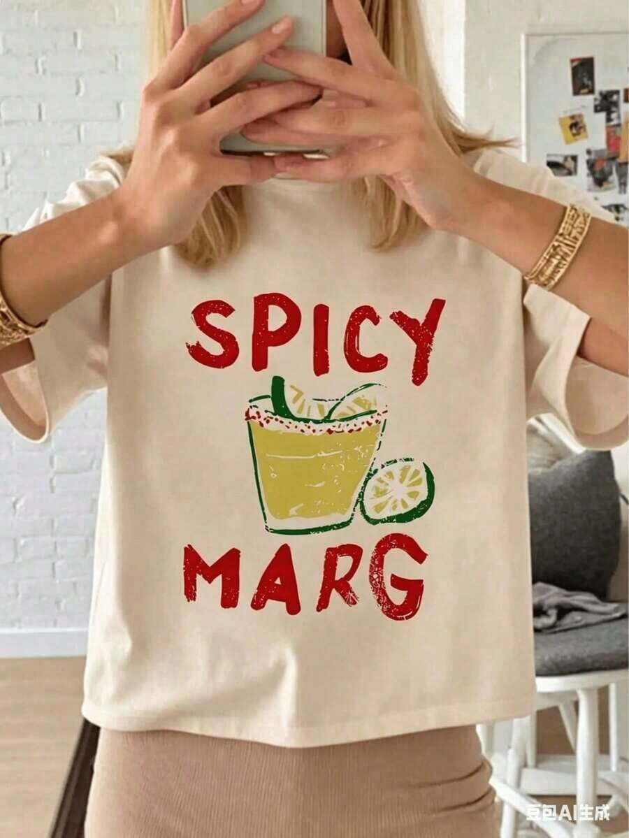 Summer T-Shirts 2026 - Women's Spicy Daisy Print T-Shirt - White T-Shirt With Red Lettering - Casual Stretch Summer Top, Suitable For Beach, Party And Everyday Wear - Non-See-Through Machine Washable Beach T-Shirt, Party Outfit, Fun Design - Washed Cotton Summer Clothes - 杏色 - 查看 1
