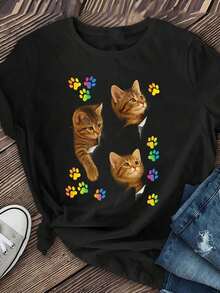 Nuevas llegadas para el verano. Camiseta Casual de Manga Corta para Mujer - Diseño Divertido con Estampado de Pata de Gato, Tela Suave y Elástica, Estilo de Cuello Redondo Regular, Lavable a Máquina, Adecuada para Primavera, Verano y Otoño, Camiseta con Bonito Estampado de Animales, Duradera, Cómoda y Transpirable, Ropa con Temática de Mascotas, Fácil de Usar en el Día a Día. - Negro - Ver 1