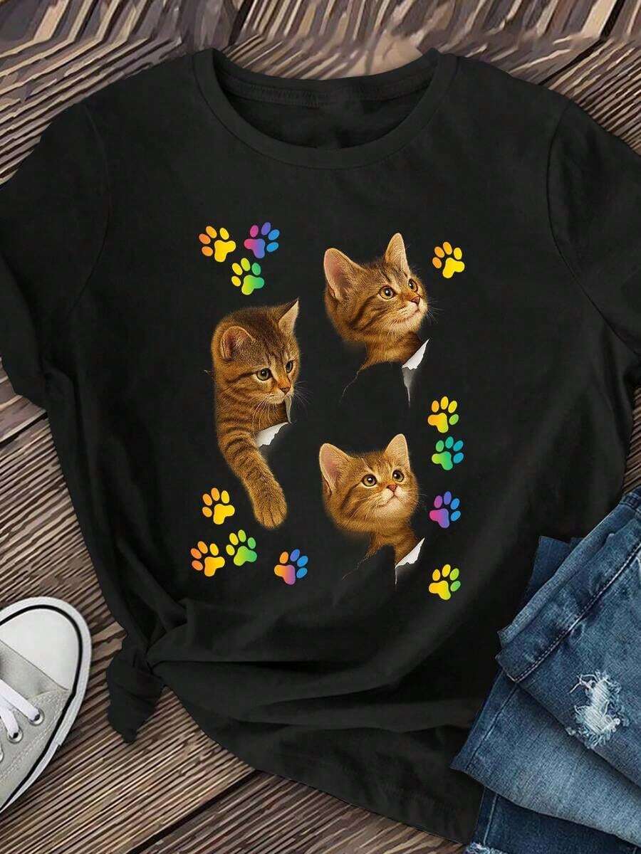 Nuevas llegadas para el verano. Camiseta Casual de Manga Corta para Mujer - Diseño Divertido con Estampado de Pata de Gato, Tela Suave y Elástica, Estilo de Cuello Redondo Regular, Lavable a Máquina, Adecuada para Primavera, Verano y Otoño, Camiseta con Bonito Estampado de Animales, Duradera, Cómoda y Transpirable, Ropa con Temática de Mascotas, Fácil de Usar en el Día a Día. - Negro - Ver 1