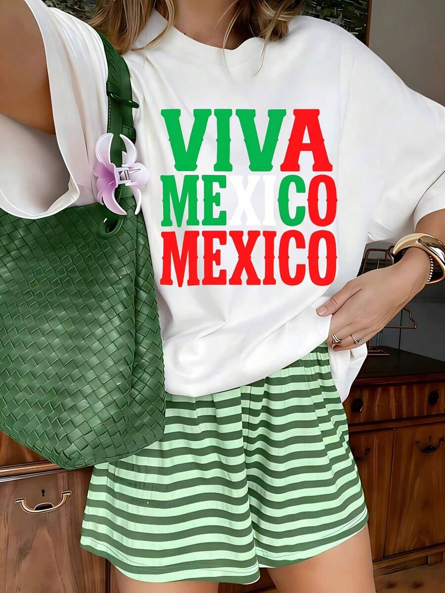 Viva Mexico Graphic T-Shirt, 100% Cotton Oversized Soft Breathable Casual Crewneck Short Sleeve Top, Retro Streetwear Summer Vibes Tee for Women & Mexico Lovers