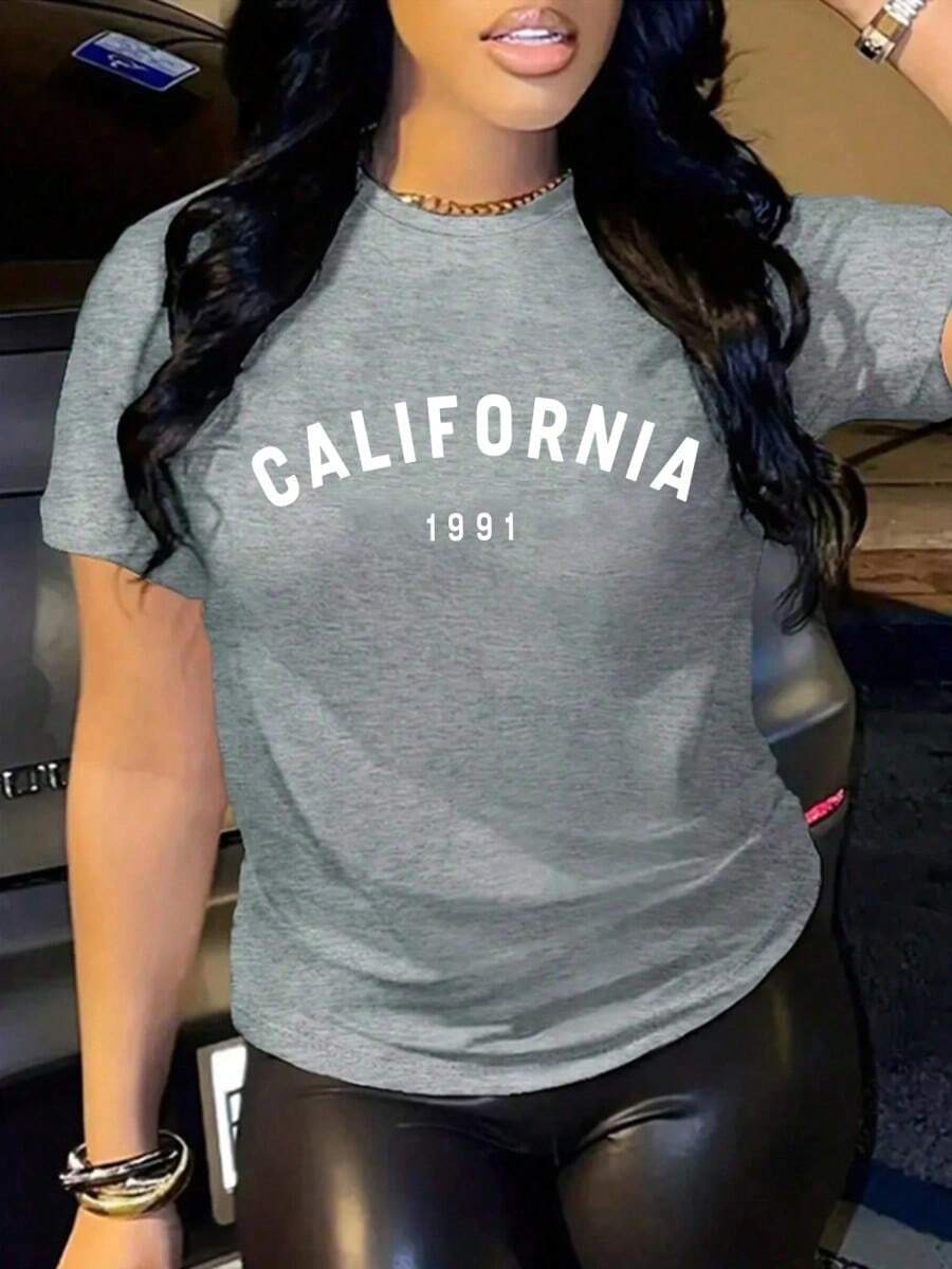 Camiseta informal holgada de manga corta y cuello redondo para mujer con estampado con las letras <<CALIFORNIA 1991». - Gris - Ver 1