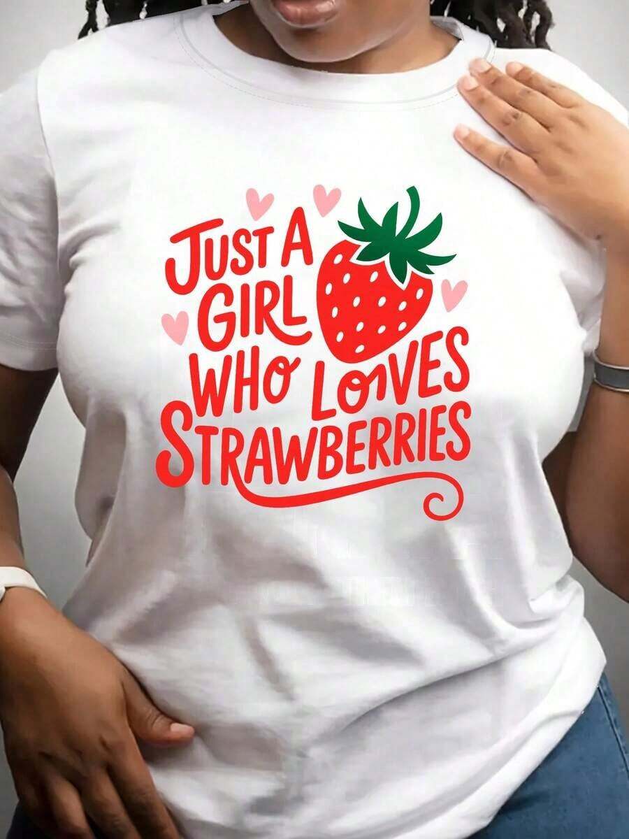 Camiseta de Manga Corta con Estampado de Fresas para Mujer - Blusa Suave y Transpirable de Verano con Gráfico de Fresas, Camiseta Casual de Cuello Redondo I para Outfi de Primavera y Otoño, Top de Fresas Lavable a Máquina - Blanco - Ver 1
