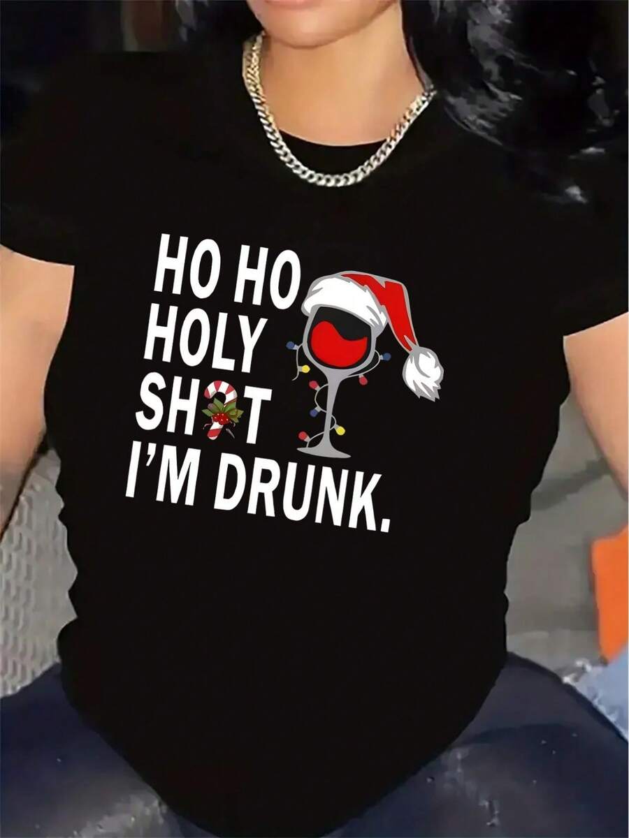 Camiseta de manga corta para mujer | Material de fibra, diseño navideño divertido, patrón de gorro navideño y copa de vino, ligero y duradero, perfecto para fiestas navideñas, restaurantes o uso en el hogar, ajuste cómodo, estilo casual, cuello redondo, tela ligeramente elástica. - Negro - Ver 1
