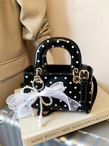 1pc Design New Women's Elegant Handbag, Shoulder Bag, Satchel Bag, Solid Color With Polka Dot Elements, Versatile, Comes With Personalized Lace Pearl Decor, Suitable For Outings, Shopping, Dates, Gifts - Black - View 3