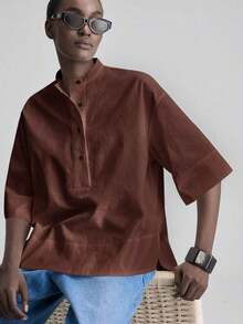 de diseño versátil y casual de serie esencial con sensación de lujo minimalista, con cuello redondo, hombros caídos y diseño suelto, silueta corta por delante y larga por detrás, de estilo urbano moderno y elegante para oficina, ideal para bod - Marrón - Ver 4