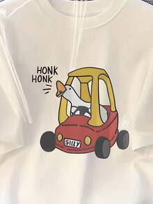 Camiseta de Mujer Oversize Blanca con Estampado Gráfico de Pato Divertido Conduciendo Go Kart - Diseño "Honk Honk" de Pato y Go Kart, Cuello Redondo de Alta Elasticidad, Manga Corta, Camiseta Casual de Verano, Transpirable, Ideal para Eventos Temáticos y Fiestas, Lavable a Máquina, Diseño de Dibujos Animados con Pato Conduciendo Go Kart Rojo, Corte Relajado para Todas las Temporadas, Estilo Casual y Divertido, Camisetas para Salir para Mujer - Blanco - Ver 4