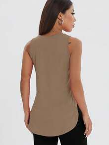 1pc Women's Casual Loose Sleeveless T-Shirt, Side Slit, Comfortable Workout Top, Spring/Summer Sports - Khaki - View 2