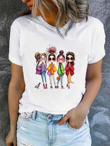 Women's Loose-Fitting Summer T-Shirt, Short-Sleeved And Printed, Modern And Casual, Machine Washable, Comfortable Fit, 2D Flat Print, Basic Cotton T-Shirt With Round Neck For Women. - 白色_04 - 查看 12
