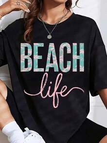 Camiseta Gráfica Oversize "Beach Life" para Vacaciones de Verano, Top Casual para Mujer, Es una Camiseta Perfecta para Regalar a Amigos y Familiares en Cualquier Día Festivo o Ocasión Especial, Ropa Fresca de Verano para Mujer. - Negro - Ver 6