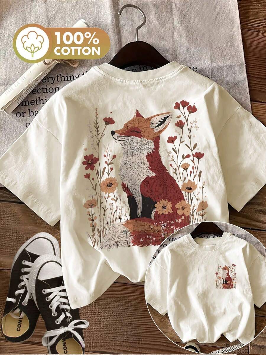 Limited Edition, Women's Summer Casual T-Shirt With Reversible Print, Forest Style, Fox And Flower Print, Round Neck, Short Sleeve, Lightweight Cotton. - 杏色 - 查看 1