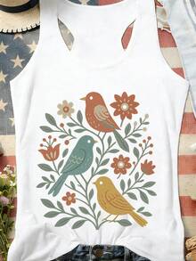 ELYSIAN WEAR 180G Vest Casual Summer Style Women's Sleeveless Top With Colorful Birds And Flowers Print For Nature Lovers And Outdoor Activities - 白色 - 查看 1