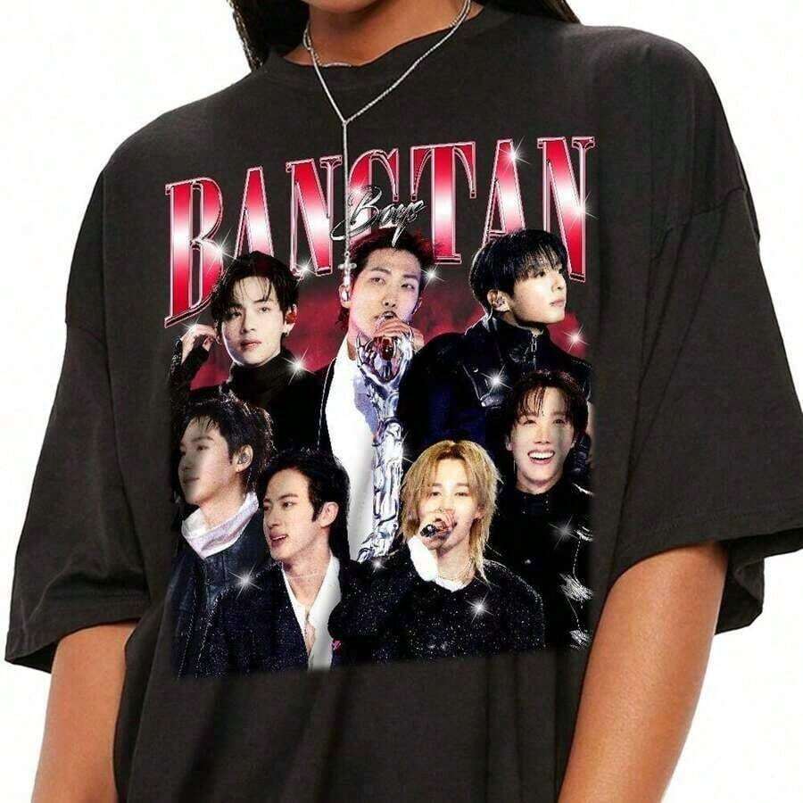 Unisex Graphic T-Shirt, Cotton, Round Neck, Short Sleeve, BT T-Shirt Featuring Jin, Su Ga, J Hope, RM, Jimin, V, Jung Kook, Unisex Sweatshirt Inspired By The Merchandising Favored By Vintage Band Fans, Clothing For Fans Of Iconic Musicians. - màu đen - Xem 1
