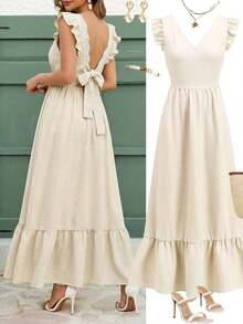 Vestido largo elegante de mujer con cintura fruncida y volantes, vestido de verano para vacaciones, vestido para citas - Albaricoque - Ver 3