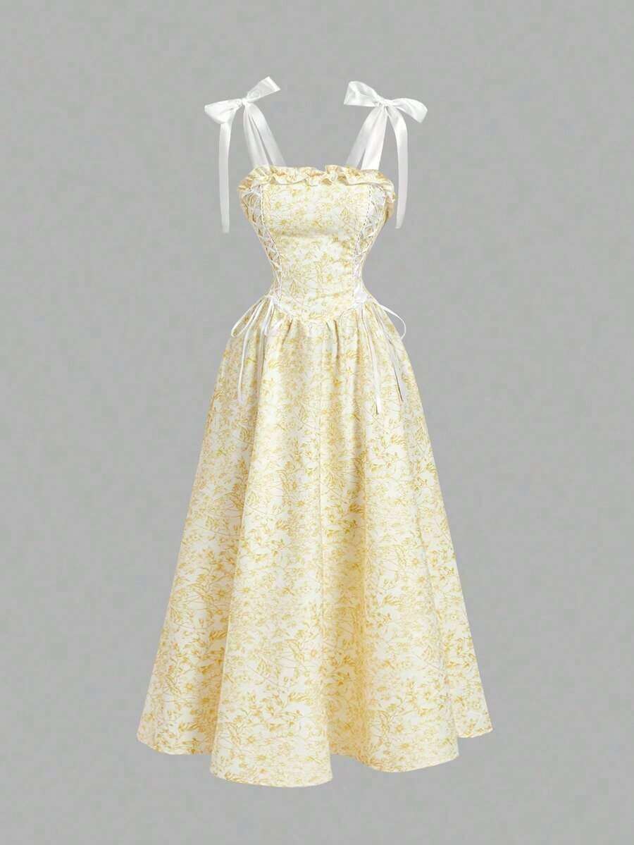 MOD Vestido largo con estampado floral y tirantes con lazo para mujer, ideal para primavera, graduación, vestidos modestos para mujer, vestidos para vacaciones de primavera - amarillo ganso - Ver 1