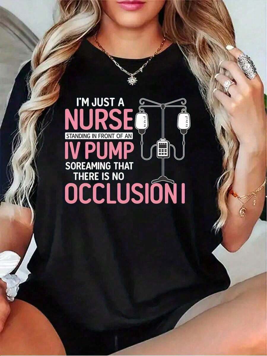 Funny Nurse T-Shirt With Infusion Pump Print - Casual Short Sleeve Top For Healthcare Professionals, Crew Neck (Black, Gray, White, Dark Red) - Ideal For Starting Conversations With Healthcare Workers, 100% Cotton - 黑色 - 查看 1