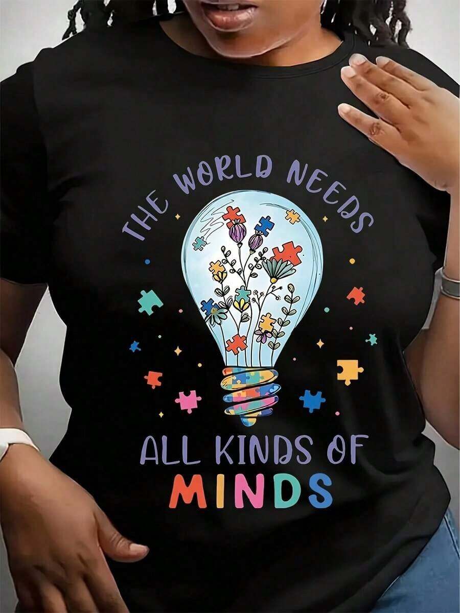 Camiseta de Mujer con Estampado Gráfico de Concientización sobre el Autismo y la Neurodiversidad - El Mundo Necesita Todo Tipo de Mentes, Diseño de Bombilla y Flores, Camiseta Casual de Cuello Redondo Suave y Elástica, Lavable a Máquina, Top de Primavera Verano, Camiseta de Colores Divertidos, Camiseta de Ajuste Cómodo - Negro - Ver 1