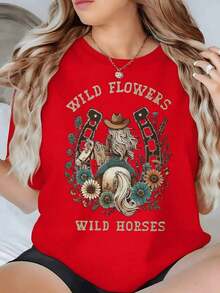 Image Of A Cowgirl Riding A Horse Surrounded By Horseshoes And Wildflowers That Symbolize Freedom And Inner Strength. Women's T-Shirt, 100% Cotton, Comfortable And Modern (Sweet And Refreshing, For Teenagers, Unisex) - 紅色的 - 查看 8