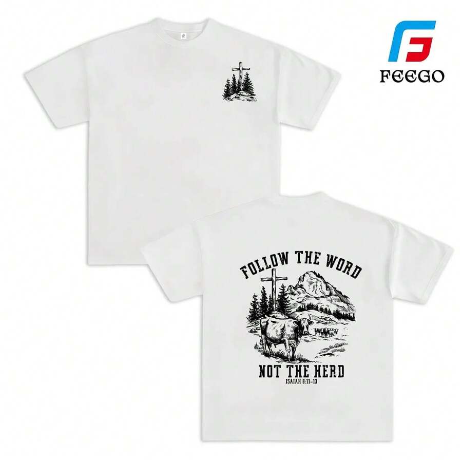Camiseta FEEGO Faith 2026 "Sigue la Palabra, no el rebaño" - Con gráfico de cruz, vaca y montaña para uso en la iglesia o al aire libre, mensaje cristiano evangélico, ropa unisex para hombre y mujer. - Blanco - Ver 1