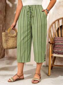 Pantalones capri informales de talla grande de un solo color - verde militar 2 - Ver 3