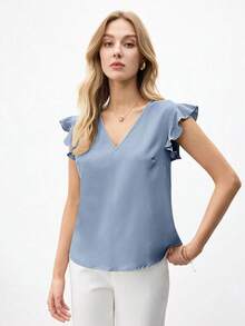 Blusa holgada de manga abullonada y cuello en V para mujer, estilo urbano básico, elegante y minimalista para uso casual en la oficina, adecuada para maestras y atuendo de negocios, otoño - Azul - Ver 3