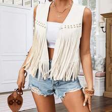 Chaleco con borlas de gamuza para mujer, traje hippie de los años 70, sin mangas, chaleco frontal abierto, chaqueta occidental - BLANCO - Ver 1