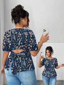 Blusa casual de manga corta con lazo y espalda abierta, unicolor, para mujer talla grande, verano - Multicolor 7 - Ver 8