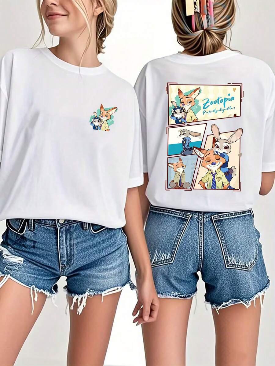 Disney Authorized Women'S T-Shirt | Zootopia Design Short Sleeve Crew Neck Casual Top For Spring And Summer, Soft And Breathable Fabric For Themed Events And Everyday Wear - trắng - Xem 1