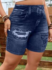 Leggings cortos de efecto vaquero digital de talla grande - Azul marino - Ver 6