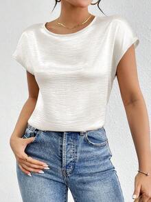 Blusa holgada y elegante casual con hombros de lámina metálica para mujer; Blusa de unicolor de satén con mangas tipo murciélago y cuello plisado para mujer - Blanco - Ver 7