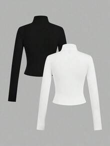 2 piezas Conjunto versátil de ropa deportiva de punto blanca y negra para yoga y fitness, camiseta de manga larga con cremallera y bordado gráfico de letras, elegante para otoño/invierno - Multicolor 4 - Ver 2