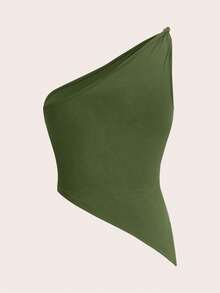 Top elegante de un hombro con un giro en color rojo burdeos delgado para mujer - Verde militar - Ver 8