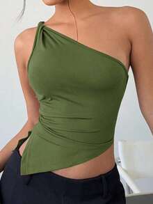 Top elegante de un hombro con un giro en color rojo burdeos delgado para mujer - Verde militar - Ver 11