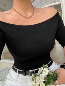 Plus Camiseta ajustado de unicolor minimalista sin hombros talla grande para verano - Negro 2 - Ver 2