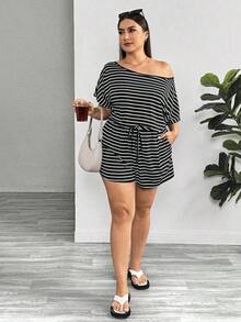 Rompers para mujeres de talla grande, mono informal de rayas, vestidos de verano para mujer, traje de una pieza, mono corto, para dama - Blanco y Negro 2 - Ver 5