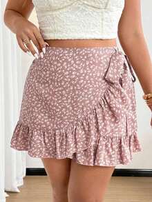 Minifalda ajustada con volantes en el bajo, estampado floral pequeño, estilo romántico de vacaciones en tallas grandes - Albaricoque - Ver 6