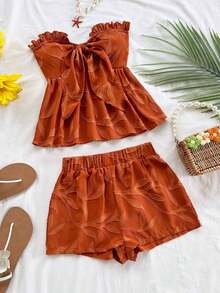 Set de 2 piezas para mujer con parte superior corta sin mangas con volantes y estampado de rayas y flores, y shorts casuales para verano, vacaciones en la playa y fiestas - Marrón - Ver 3
