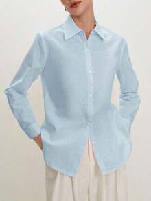 2026 Nueva Camisa Básica Versátil y Elegante para Mujer con Botones Delanteros y Cuello Mao en Color Azul Claro, Adecuada para Ir al Trabajo, Uso Diario, Estilo Retro de los 90, Navidad, Año Nuevo, Fiesta de San Valentín, Playa, Graduación, Moda, - Celeste - Ver 6