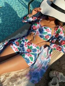 Conjunto de bikini con estampado tropical de tres piezas sujetador de empuje y bottom de bikini tipo hipster y kimono para mujer estilo vacaciones de verano en la playa - Multicolor - Ver 3
