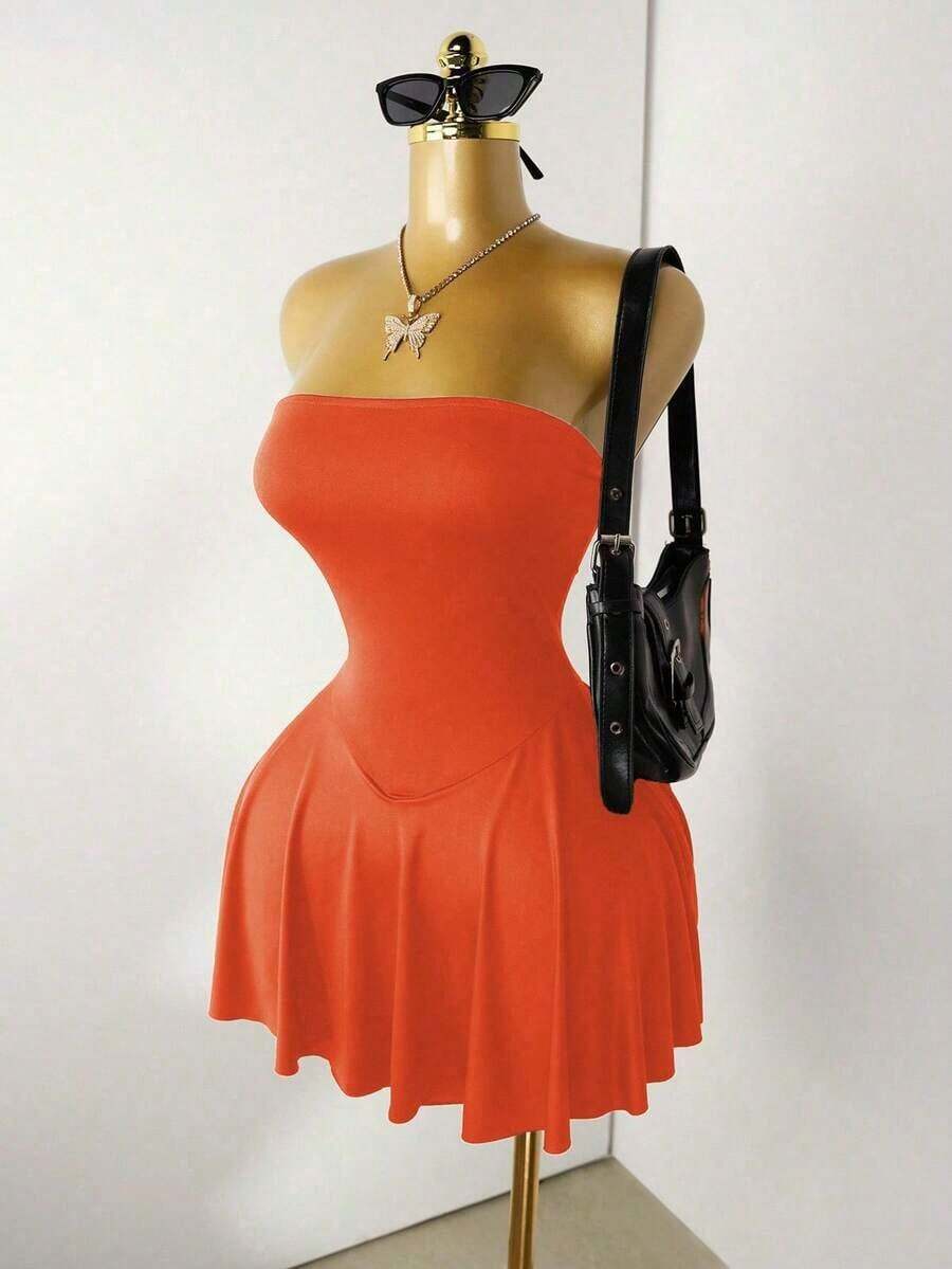 Vestido mini sin tirantes con dobladillo de volantes para mujer - Naranja - Ver 1